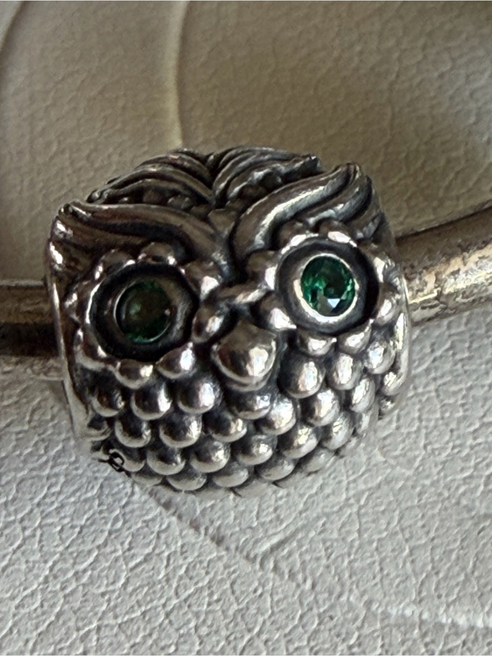 Authentic Pandora Owl Charm with Green Eyes Silver